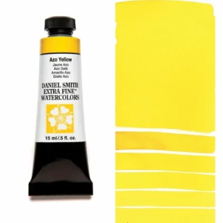 A tube of azo yellow Daniel Smith Watercolour Paint is shown in the frame, to the left hand side of the frame vertically. The tube has a black plastic cap and a black base. The center of the tube is white and there is a colour band at the top of the tube, below the cap, that indicates the colour of the paint. There is black text on the front of the tube with the brand name and logo. To the right of the tube is a colour swatch which was made using the paint. In the colour swatch, you can see the paint undiluted and in a diluted form. The image is on a white background and is center of the frame.