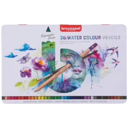 36's Bruynzeel Expression Aquarelle Pencils Tin. A single tin is shown in the center of the frame on a white background. The tin is white and the image is seen vertically. The top of the tin is printed with a colourful b and shows an image of a pencil and a paint brush