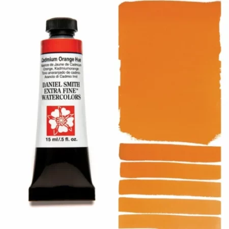 A tube of cadmium orange hue Daniel Smith Watercolour Paint is shown in the frame, to the left hand side of the frame vertically. The tube has a black plastic cap and a black base. The center of the tube is white and there is a colour band at the top of the tube, below the cap, that indicates the colour of the paint. There is black text on the front of the tube with the brand name and logo. To the right of the tube is a colour swatch which was made using the paint. In the colour swatch, you can see the paint undiluted and in a diluted form. The image is on a white background and is center of the frame