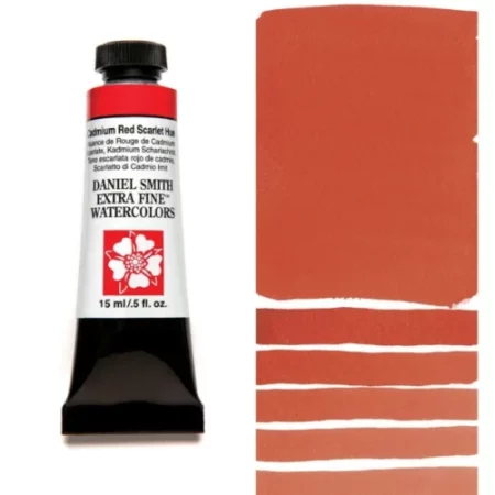 A tube of cadmium red scarlet hue Daniel Smith Watercolour Paint is shown in the frame, to the left hand side of the frame vertically. The tube has a black plastic cap and a black base. The center of the tube is white and there is a colour band at the top of the tube, below the cap, that indicates the colour of the paint. There is black text on the front of the tube with the brand name and logo. To the right of the tube is a colour swatch which was made using the paint. In the colour swatch, you can see the paint undiluted and in a diluted form. The image is on a white background and is center of the frame