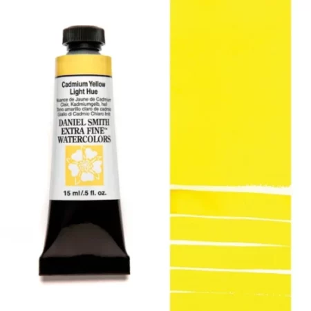 A tube of cadmium yellow light hue Daniel Smith Watercolour Paint is shown in the frame, to the left hand side of the frame vertically. The tube has a black plastic cap and a black base. The center of the tube is white and there is a colour band at the top of the tube, below the cap, that indicates the colour of the paint. There is black text on the front of the tube with the brand name and logo. To the right of the tube is a colour swatch which was made using the paint. In the colour swatch, you can see the paint undiluted and in a diluted form. The image is on a white background and is center of the frame.