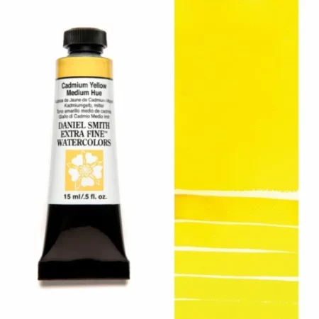 A tube of cadmium yellow medium hue Daniel Smith Watercolour Paint is shown in the frame, to the left hand side of the frame vertically. The tube has a black plastic cap and a black base. The center of the tube is white and there is a colour band at the top of the tube, below the cap, that indicates the colour of the paint. There is black text on the front of the tube with the brand name and logo. To the right of the tube is a colour swatch which was made using the paint. In the colour swatch, you can see the paint undiluted and in a diluted form. The image is on a white background and is center of the frame.