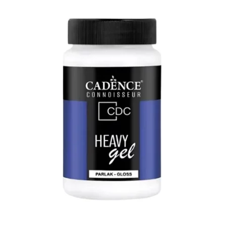 There is a single bottle of Cadence Connoisseur Heavy Gel Gloss shown standing vertically in the center of the frame. The bottle is clear plastic and has a black screw on lid. There is a label around the body of the bottle that is coloured with blue and black and has text describing the contents of the bottle and has the brand name. The gel inside the bottle is white and can be seen through the clear plastic. The image is center of the frame and on a white background.