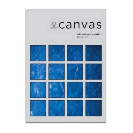 There is a single A3 Artboard Canvas Pad 380gsm shown in the center of the frame. The pad is standing vertically in the center of the frame. The pad is grey and has a small amount of black text in the top right hand corner. There are 16 blocks on the cover that are blue paint and show some texture. The image is on a white background.