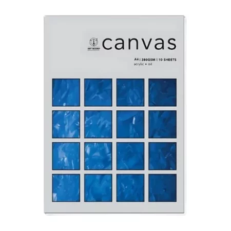 There is a single A4 Artboard Canvas Pad 380gsm shown in the center of the frame. The pad is standing vertically in the center of the frame. The pad is grey and has a small amount of black text in the top right hand corner. There are 16 blocks on the cover that are blue paint and show some texture. The image is on a white background.