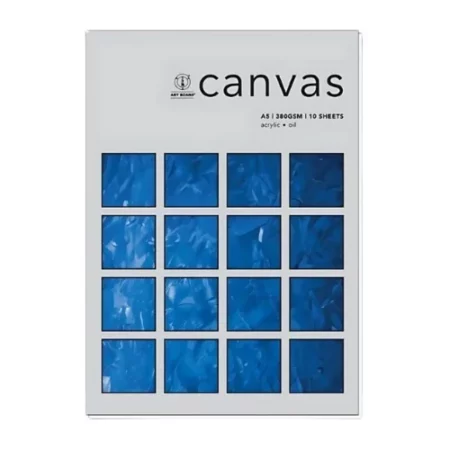 There is a single A5 Artboard Canvas Pad 380gsm shown in the center of the frame. The pad is standing vertically in the center of the frame. The pad is grey and has a small amount of black text in the top right hand corner. There are 16 blocks on the cover that are blue paint and show some texture. The image is on a white background.