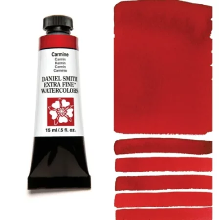 A tube of carmine Daniel Smith Watercolour Paint is shown in the frame, to the left hand side of the frame vertically. The tube has a black plastic cap and a black base. The center of the tube is white and there is a colour band at the top of the tube, below the cap, that indicates the colour of the paint. There is black text on the front of the tube with the brand name and logo. To the right of the tube is a colour swatch which was made using the paint. In the colour swatch, you can see the paint undiluted and in a diluted form. The image is on a white background and is center of the frame