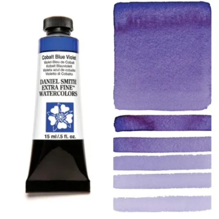 A tube of cobalt blue violet Daniel Smith Watercolour Paint is shown in the frame, to the left hand side of the frame vertically. The tube has a black plastic cap and a black base. The center of the tube is white and there is a colour band at the top of the tube, below the cap, that indicates the colour of the paint. There is black text on the front of the tube with the brand name and logo. To the right of the tube is a colour swatch which was made using the paint. In the colour swatch, you can see the paint undiluted and in a diluted form. The image is on a white background and is center of the frame