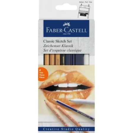 A Faber Castell Classic Sketch Set is shown standing vertically in the center of the frame. The set is in a cardboard box with a hang tab top. The box is white and has a picture of a persons lips on the cover with some pencils shown over the hands. There is text at the top of the packaging. The image is center of the frame and on a white background.