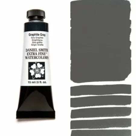 A tube of graphite grey Daniel Smith Watercolour Paint is shown in the frame, to the left hand side of the frame vertically. The tube has a black plastic cap and a black base. The center of the tube is white and there is a colour band at the top of the tube, below the cap, that indicates the colour of the paint. There is black text on the front of the tube with the brand name and logo. To the right of the tube is a colour swatch which was made using the paint. In the colour swatch, you can see the paint undiluted and in a diluted form. The image is on a white background and is center of the frame