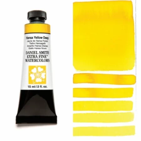 A tube of hansa yellow deep Daniel Smith Watercolour Paint is shown in the frame, to the left hand side of the frame vertically. The tube has a black plastic cap and a black base. The center of the tube is white and there is a colour band at the top of the tube, below the cap, that indicates the colour of the paint. There is black text on the front of the tube with the brand name and logo. To the right of the tube is a colour swatch which was made using the paint. In the colour swatch, you can see the paint undiluted and in a diluted form. The image is on a white background and is center of the frame.