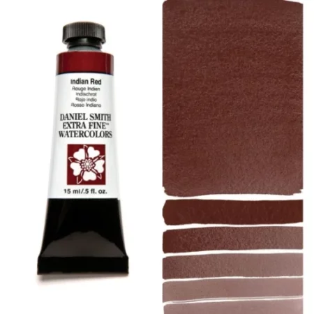 A tube of indian red Daniel Smith Watercolour Paint is shown in the frame, to the left hand side of the frame vertically. The tube has a black plastic cap and a black base. The center of the tube is white and there is a colour band at the top of the tube, below the cap, that indicates the colour of the paint. There is black text on the front of the tube with the brand name and logo. To the right of the tube is a colour swatch which was made using the paint. In the colour swatch, you can see the paint undiluted and in a diluted form. The image is on a white background and is center of the frame