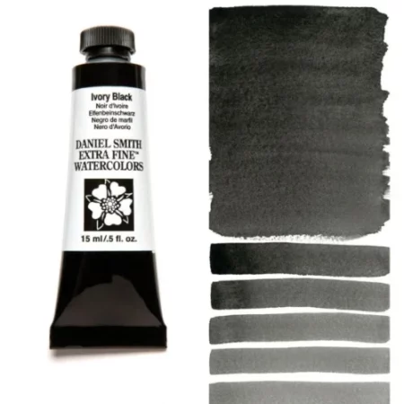 A tube of ivory black Daniel Smith Watercolour Paint is shown in the frame, to the left hand side of the frame vertically. The tube has a black plastic cap and a black base. The center of the tube is white and there is a colour band at the top of the tube, below the cap, that indicates the colour of the paint. There is black text on the front of the tube with the brand name and logo. To the right of the tube is a colour swatch which was made using the paint. In the colour swatch, you can see the paint undiluted and in a diluted form. The image is on a white background and is center of the frame.