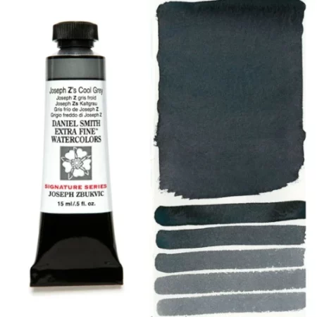 A tube of joseph zs cool grey Daniel Smith Watercolour Paint is shown in the frame, to the left hand side of the frame vertically. The tube has a black plastic cap and a black base. The center of the tube is white and there is a colour band at the top of the tube, below the cap, that indicates the colour of the paint. There is black text on the front of the tube with the brand name and logo. To the right of the tube is a colour swatch which was made using the paint. In the colour swatch, you can see the paint undiluted and in a diluted form. The image is on a white background and is center of the frame