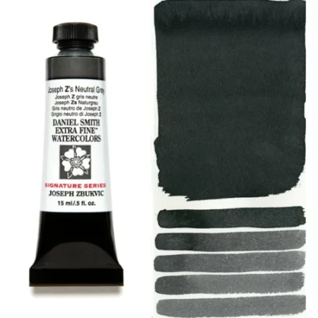 A tube of joseph zs neutral grey Daniel Smith Watercolour Paint is shown in the frame, to the left hand side of the frame vertically. The tube has a black plastic cap and a black base. The center of the tube is white and there is a colour band at the top of the tube, below the cap, that indicates the colour of the paint. There is black text on the front of the tube with the brand name and logo. To the right of the tube is a colour swatch which was made using the paint. In the colour swatch, you can see the paint undiluted and in a diluted form. The image is on a white background and is center of the frame