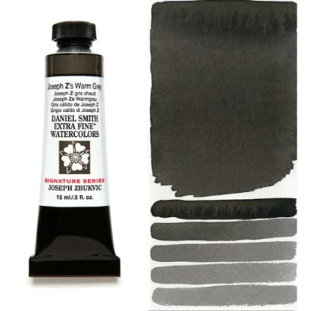 A tube of joseph zs warm grey Daniel Smith Watercolour Paint is shown in the frame, to the left hand side of the frame vertically. The tube has a black plastic cap and a black base. The center of the tube is white and there is a colour band at the top of the tube, below the cap, that indicates the colour of the paint. There is black text on the front of the tube with the brand name and logo. To the right of the tube is a colour swatch which was made using the paint. In the colour swatch, you can see the paint undiluted and in a diluted form. The image is on a white background and is center of the frame