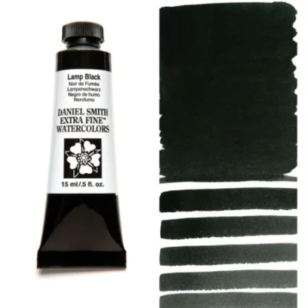 A tube of lamp black Daniel Smith Watercolour Paint is shown in the frame, to the left hand side of the frame vertically. The tube has a black plastic cap and a black base. The center of the tube is white and there is a colour band at the top of the tube, below the cap, that indicates the colour of the paint. There is black text on the front of the tube with the brand name and logo. To the right of the tube is a colour swatch which was made using the paint. In the colour swatch, you can see the paint undiluted and in a diluted form. The image is on a white background and is center of the frame.