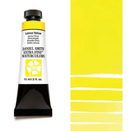 A tube of lemon yellow Daniel Smith Watercolour Paint is shown in the frame, to the left hand side of the frame vertically. The tube has a black plastic cap and a black base. The center of the tube is white and there is a colour band at the top of the tube, below the cap, that indicates the colour of the paint. There is black text on the front of the tube with the brand name and logo. To the right of the tube is a colour swatch which was made using the paint. In the colour swatch, you can see the paint undiluted and in a diluted form. The image is on a white background and is center of the frame.