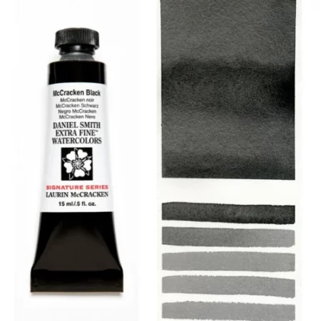 A tube of mccracken black Daniel Smith Watercolour Paint is shown in the frame, to the left hand side of the frame vertically. The tube has a black plastic cap and a black base. The center of the tube is white and there is a colour band at the top of the tube, below the cap, that indicates the colour of the paint. There is black text on the front of the tube with the brand name and logo. To the right of the tube is a colour swatch which was made using the paint. In the colour swatch, you can see the paint undiluted and in a diluted form. The image is on a white background and is center of the frame