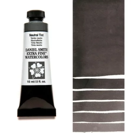 A tube of neutral tint Daniel Smith Watercolour Paint is shown in the frame, to the left hand side of the frame vertically. The tube has a black plastic cap and a black base. The center of the tube is white and there is a colour band at the top of the tube, below the cap, that indicates the colour of the paint. There is black text on the front of the tube with the brand name and logo. To the right of the tube is a colour swatch which was made using the paint. In the colour swatch, you can see the paint undiluted and in a diluted form. The image is on a white background and is center of the frame