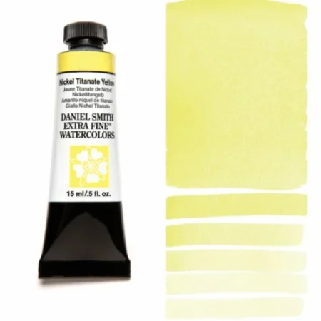 A tube of nickel titanate yellow Daniel Smith Watercolour Paint is shown in the frame, to the left hand side of the frame vertically. The tube has a black plastic cap and a black base. The center of the tube is white and there is a colour band at the top of the tube, below the cap, that indicates the colour of the paint. There is black text on the front of the tube with the brand name and logo. To the right of the tube is a colour swatch which was made using the paint. In the colour swatch, you can see the paint undiluted and in a diluted form. The image is on a white background and is center of the frame.