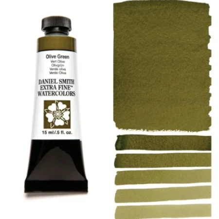 A tube of olive green Daniel Smith Watercolour Paint is shown in the frame, to the left hand side of the frame vertically. The tube has a black plastic cap and a black base. The center of the tube is white and there is a colour band at the top of the tube, below the cap, that indicates the colour of the paint. There is black text on the front of the tube with the brand name and logo. To the right of the tube is a colour swatch which was made using the paint. In the colour swatch, you can see the paint undiluted and in a diluted form. The image is on a white background and is center of the frame.