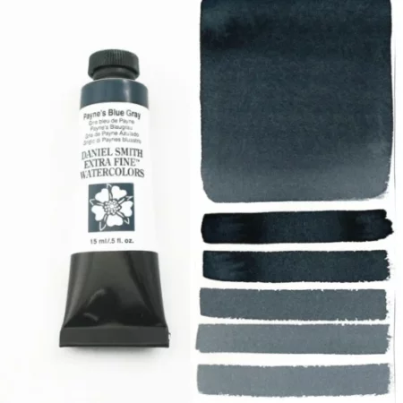 A tube of paynes blue grey Daniel Smith Watercolour Paint is shown in the frame, to the left hand side of the frame vertically. The tube has a black plastic cap and a black base. The center of the tube is white and there is a colour band at the top of the tube, below the cap, that indicates the colour of the paint. There is black text on the front of the tube with the brand name and logo. To the right of the tube is a colour swatch which was made using the paint. In the colour swatch, you can see the paint undiluted and in a diluted form. The image is on a white background and is center of the frame