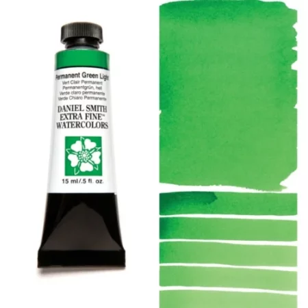 A tube of permanent green light Daniel Smith Watercolour Paint is shown in the frame, to the left hand side of the frame vertically. The tube has a black plastic cap and a black base. The center of the tube is white and there is a colour band at the top of the tube, below the cap, that indicates the colour of the paint. There is black text on the front of the tube with the brand name and logo. To the right of the tube is a colour swatch which was made using the paint. In the colour swatch, you can see the paint undiluted and in a diluted form. The image is on a white background and is center of the frame.