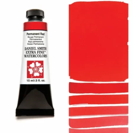 A tube of permanent red Daniel Smith Watercolour Paint is shown in the frame, to the left hand side of the frame vertically. The tube has a black plastic cap and a black base. The center of the tube is white and there is a colour band at the top of the tube, below the cap, that indicates the colour of the paint. There is black text on the front of the tube with the brand name and logo. To the right of the tube is a colour swatch which was made using the paint. In the colour swatch, you can see the paint undiluted and in a diluted form. The image is on a white background and is center of the frame