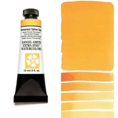 A tube of permanent yellow deep Daniel Smith Watercolour Paint is shown in the frame, to the left hand side of the frame vertically. The tube has a black plastic cap and a black base. The center of the tube is white and there is a colour band at the top of the tube, below the cap, that indicates the colour of the paint. There is black text on the front of the tube with the brand name and logo. To the right of the tube is a colour swatch which was made using the paint. In the colour swatch, you can see the paint undiluted and in a diluted form. The image is on a white background and is center of the frame.