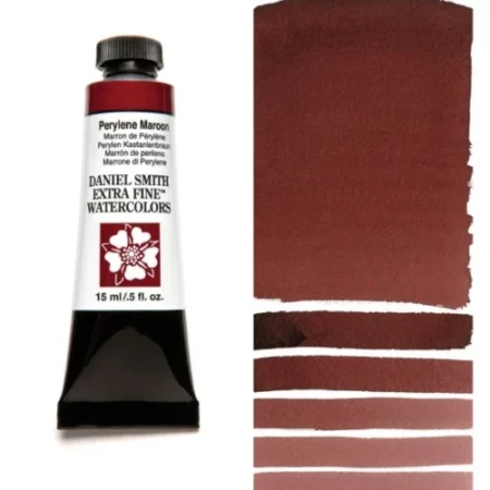 A tube of perylene maroon Daniel Smith Watercolour Paint is shown in the frame, to the left hand side of the frame vertically. The tube has a black plastic cap and a black base. The center of the tube is white and there is a colour band at the top of the tube, below the cap, that indicates the colour of the paint. There is black text on the front of the tube with the brand name and logo. To the right of the tube is a colour swatch which was made using the paint. In the colour swatch, you can see the paint undiluted and in a diluted form. The image is on a white background and is center of the frame