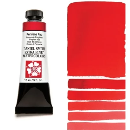 A tube of perylene red Daniel Smith Watercolour Paint is shown in the frame, to the left hand side of the frame vertically. The tube has a black plastic cap and a black base. The center of the tube is white and there is a colour band at the top of the tube, below the cap, that indicates the colour of the paint. There is black text on the front of the tube with the brand name and logo. To the right of the tube is a colour swatch which was made using the paint. In the colour swatch, you can see the paint undiluted and in a diluted form. The image is on a white background and is center of the frame