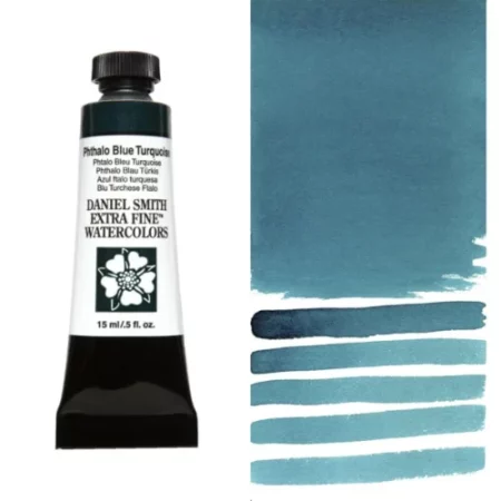 A tube of phthalo blue Daniel Smith Watercolour Paint is shown in the frame, to the left hand side of the frame vertically. The tube has a black plastic cap and a black base. The center of the tube is white and there is a colour band at the top of the tube, below the cap, that indicates the colour of the paint. There is black text on the front of the tube with the brand name and logo. To the right of the tube is a colour swatch which was made using the paint. In the colour swatch, you can see the paint undiluted and in a diluted form. The image is on a white background and is center of the frame.