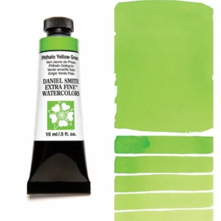 A tube of phthalo yellow green Daniel Smith Watercolour Paint is shown in the frame, to the left hand side of the frame vertically. The tube has a black plastic cap and a black base. The center of the tube is white and there is a colour band at the top of the tube, below the cap, that indicates the colour of the paint. There is black text on the front of the tube with the brand name and logo. To the right of the tube is a colour swatch which was made using the paint. In the colour swatch, you can see the paint undiluted and in a diluted form. The image is on a white background and is center of the frame.