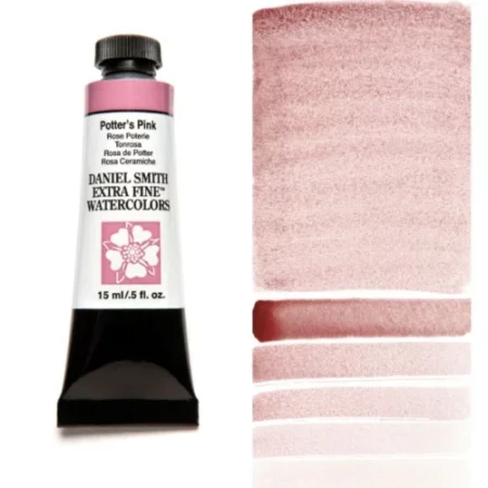 A tube of potters pink Daniel Smith Watercolour Paint is shown in the frame, to the left hand side of the frame vertically. The tube has a black plastic cap and a black base. The center of the tube is white and there is a colour band at the top of the tube, below the cap, that indicates the colour of the paint. There is black text on the front of the tube with the brand name and logo. To the right of the tube is a colour swatch which was made using the paint. In the colour swatch, you can see the paint undiluted and in a diluted form. The image is on a white background and is center of the frame