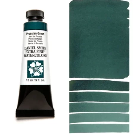 A tube of prussian green Daniel Smith Watercolour Paint is shown in the frame, to the left hand side of the frame vertically. The tube has a black plastic cap and a black base. The center of the tube is white and there is a colour band at the top of the tube, below the cap, that indicates the colour of the paint. There is black text on the front of the tube with the brand name and logo. To the right of the tube is a colour swatch which was made using the paint. In the colour swatch, you can see the paint undiluted and in a diluted form. The image is on a white background and is center of the frame.