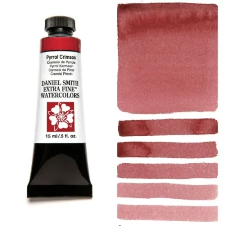 A tube of pyrrol crimson Daniel Smith Watercolour Paint is shown in the frame, to the left hand side of the frame vertically. The tube has a black plastic cap and a black base. The center of the tube is white and there is a colour band at the top of the tube, below the cap, that indicates the colour of the paint. There is black text on the front of the tube with the brand name and logo. To the right of the tube is a colour swatch which was made using the paint. In the colour swatch, you can see the paint undiluted and in a diluted form. The image is on a white background and is center of the frame