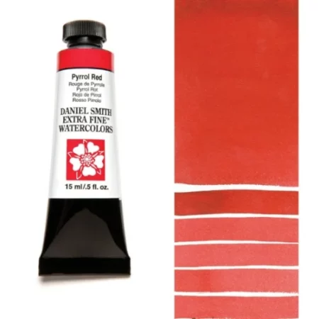 A tube of pyrrol red Daniel Smith Watercolour Paint is shown in the frame, to the left hand side of the frame vertically. The tube has a black plastic cap and a black base. The center of the tube is white and there is a colour band at the top of the tube, below the cap, that indicates the colour of the paint. There is black text on the front of the tube with the brand name and logo. To the right of the tube is a colour swatch which was made using the paint. In the colour swatch, you can see the paint undiluted and in a diluted form. The image is on a white background and is center of the frame