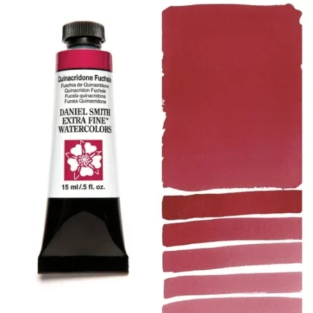 A tube of quinacridone fuchsia Daniel Smith Watercolour Paint is shown in the frame, to the left hand side of the frame vertically. The tube has a black plastic cap and a black base. The center of the tube is white and there is a colour band at the top of the tube, below the cap, that indicates the colour of the paint. There is black text on the front of the tube with the brand name and logo. To the right of the tube is a colour swatch which was made using the paint. In the colour swatch, you can see the paint undiluted and in a diluted form. The image is on a white background and is center of the frame