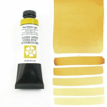 A tube of raw sienna light Daniel Smith Watercolour Paint is shown in the frame, to the left hand side of the frame vertically. The tube has a black plastic cap and a black base. The center of the tube is white and there is a colour band at the top of the tube, below the cap, that indicates the colour of the paint. There is black text on the front of the tube with the brand name and logo. To the right of the tube is a colour swatch which was made using the paint. In the colour swatch, you can see the paint undiluted and in a diluted form. The image is on a white background and is center of the frame