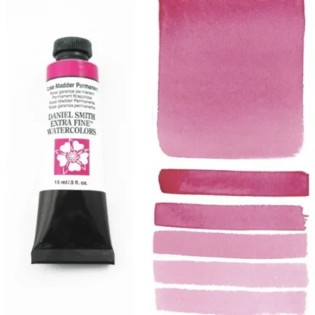 A tube of rose madder permanent Daniel Smith Watercolour Paint is shown in the frame, to the left hand side of the frame vertically. The tube has a black plastic cap and a black base. The center of the tube is white and there is a colour band at the top of the tube, below the cap, that indicates the colour of the paint. There is black text on the front of the tube with the brand name and logo. To the right of the tube is a colour swatch which was made using the paint. In the colour swatch, you can see the paint undiluted and in a diluted form. The image is on a white background and is center of the frame