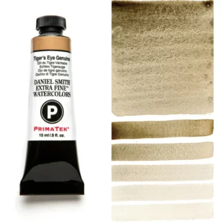 A tube of tigers eye genuine Daniel Smith Watercolour Paint is shown in the frame, to the left hand side of the frame vertically. The tube has a black plastic cap and a black base. The center of the tube is white and there is a colour band at the top of the tube, below the cap, that indicates the colour of the paint. There is black text on the front of the tube with the brand name and logo. To the right of the tube is a colour swatch which was made using the paint. In the colour swatch, you can see the paint undiluted and in a diluted form. The image is on a white background and is center of the frame.