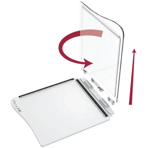 The hinged lid of the Tim Holtz Stamping Platform is open and shown using red arrows that it can come separate to the grey plastic base. The image is center of the frame and on a white background.