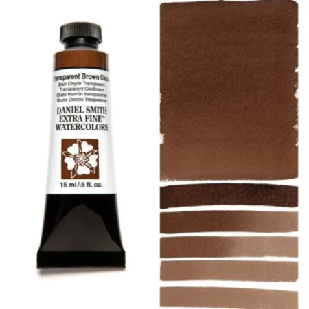 A tube of transparent brown oxide Daniel Smith Watercolour Paint is shown in the frame, to the left hand side of the frame vertically. The tube has a black plastic cap and a black base. The center of the tube is white and there is a colour band at the top of the tube, below the cap, that indicates the colour of the paint. There is black text on the front of the tube with the brand name and logo. To the right of the tube is a colour swatch which was made using the paint. In the colour swatch, you can see the paint undiluted and in a diluted form. The image is on a white background and is center of the frame