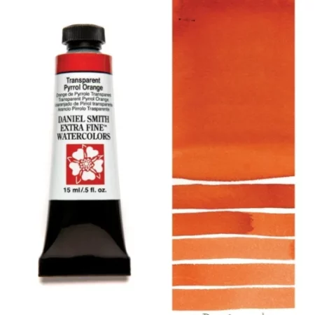 A tube of transparent pyrrol orange Daniel Smith Watercolour Paint is shown in the frame, to the left hand side of the frame vertically. The tube has a black plastic cap and a black base. The center of the tube is white and there is a colour band at the top of the tube, below the cap, that indicates the colour of the paint. There is black text on the front of the tube with the brand name and logo. To the right of the tube is a colour swatch which was made using the paint. In the colour swatch, you can see the paint undiluted and in a diluted form. The image is on a white background and is center of the frame