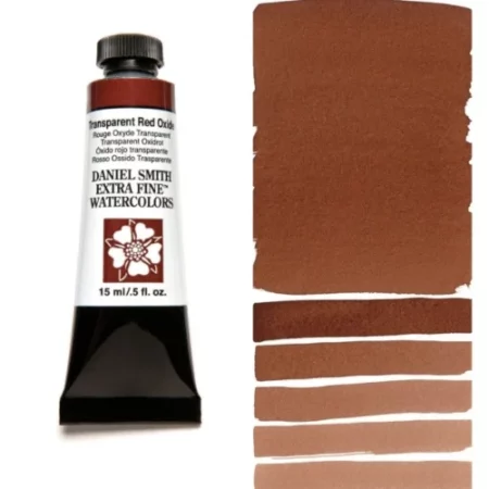 A tube of transparent red oxide Daniel Smith Watercolour Paint is shown in the frame, to the left hand side of the frame vertically. The tube has a black plastic cap and a black base. The center of the tube is white and there is a colour band at the top of the tube, below the cap, that indicates the colour of the paint. There is black text on the front of the tube with the brand name and logo. To the right of the tube is a colour swatch which was made using the paint. In the colour swatch, you can see the paint undiluted and in a diluted form. The image is on a white background and is center of the frame