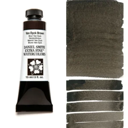 A tube of van dyk brown Daniel Smith Watercolour Paint is shown in the frame, to the left hand side of the frame vertically. The tube has a black plastic cap and a black base. The center of the tube is white and there is a colour band at the top of the tube, below the cap, that indicates the colour of the paint. There is black text on the front of the tube with the brand name and logo. To the right of the tube is a colour swatch which was made using the paint. In the colour swatch, you can see the paint undiluted and in a diluted form. The image is on a white background and is center of the frame