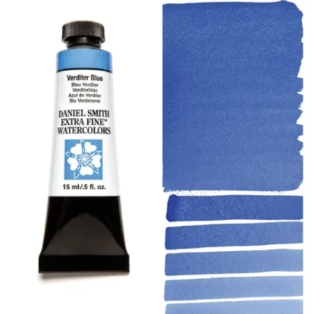 A tube of verditer blue Daniel Smith Watercolour Paint is shown in the frame, to the left hand side of the frame vertically. The tube has a black plastic cap and a black base. The center of the tube is white and there is a colour band at the top of the tube, below the cap, that indicates the colour of the paint. There is black text on the front of the tube with the brand name and logo. To the right of the tube is a colour swatch which was made using the paint. In the colour swatch, you can see the paint undiluted and in a diluted form. The image is on a white background and is center of the frame.