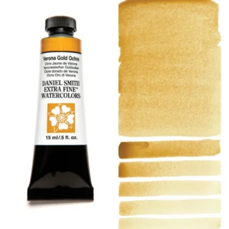 A tube of verona gold ochre Daniel Smith Watercolour Paint is shown in the frame, to the left hand side of the frame vertically. The tube has a black plastic cap and a black base. The center of the tube is white and there is a colour band at the top of the tube, below the cap, that indicates the colour of the paint. There is black text on the front of the tube with the brand name and logo. To the right of the tube is a colour swatch which was made using the paint. In the colour swatch, you can see the paint undiluted and in a diluted form. The image is on a white background and is center of the frame.