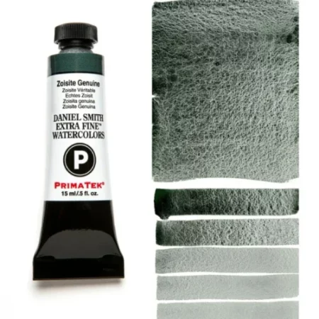 A tube of zoisite genuine Daniel Smith Watercolour Paint is shown in the frame, to the left hand side of the frame vertically. The tube has a black plastic cap and a black base. The center of the tube is white and there is a colour band at the top of the tube, below the cap, that indicates the colour of the paint. There is black text on the front of the tube with the brand name and logo. To the right of the tube is a colour swatch which was made using the paint. In the colour swatch, you can see the paint undiluted and in a diluted form. The image is on a white background and is center of the frame.